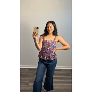 FARM Rio x Antropologie Fantastic Peplum Tank Top Large Colorful Letter Print